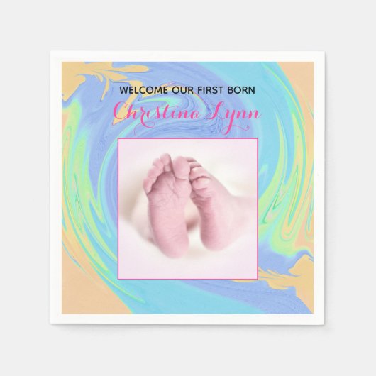 Roze en pasta voor het eerst geboren met foto servet (Voorkant)