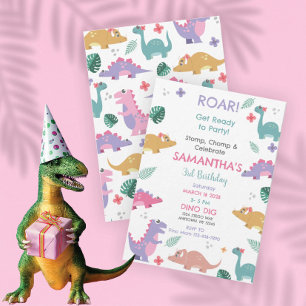 Roze en pastel meisjes dinosaurus verjaardagsuitno kaart