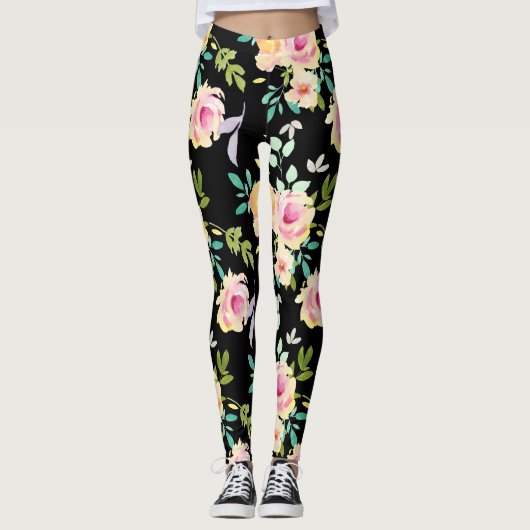Roze en Perzige Waterverf Flowers Leggings (Voorkant)