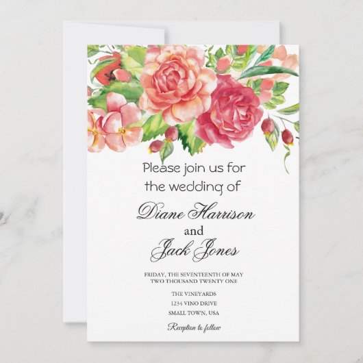 Roze en Perzik Bloemen Bruiloft Uitnodiging (Voorkant)