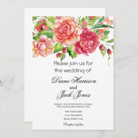 Roze en Perzik Bloemen Bruiloft Uitnodiging (Voorkant / Achterkant)