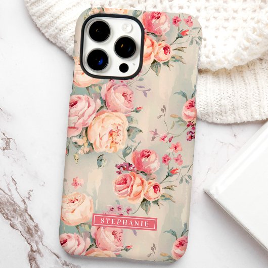 Roze en perzik bloemen met eigen naam Case-Mate iPhone case