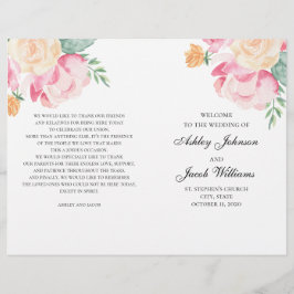 Roze en perzik bloemen trouwprogramma gevouwen