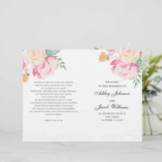Roze en perzik bloemen trouwprogramma gevouwen (Staand voorkant)