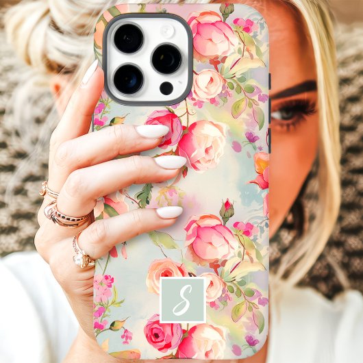 roze en perzik bloemenmonogram Case-Mate iPhone case