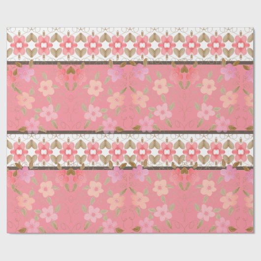 Roze en perzik bloemig cadeaupapier (Vlak)