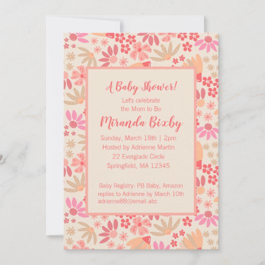Roze en perzik bloemige babyshower uitnodiging (Voorkant)