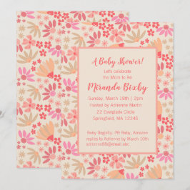 Roze en perzik bloemige babyshower uitnodiging