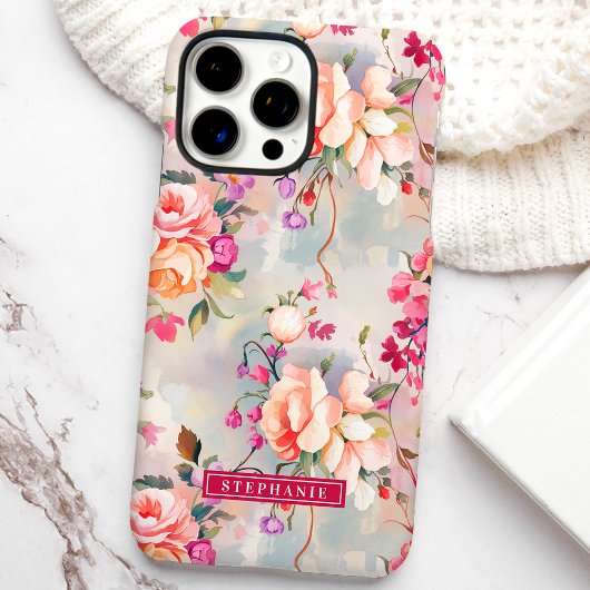 Roze en perzik elegante bloemstuk met eigen naam  Case-Mate iPhone case