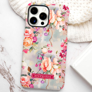 Roze en Perzik Elegante Custom Naam Bloemen iPhone 16 Pro Max Hoesje