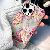 Roze en Perzik Elegante Custom Naam Bloemen Case-Mate iPhone Case