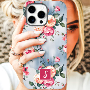 Roze en perzik monogram bloemmotief iPhone 16 pro max hoesje