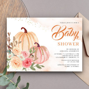 Roze en Perzik Pompoen Bloemrijke Herfst Baby Show Kaart
