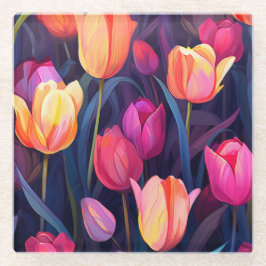 Roze en perzik tulpen bloemmotief glazen onderzetter