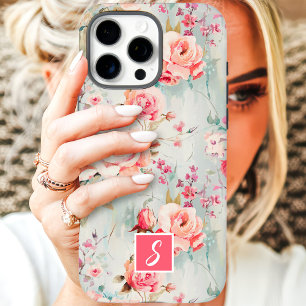 Roze en Perzik Waterverf Bloem Monogram iPhone 16 Pro Max Hoesje