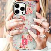 Roze en perzik waterverf bloemenuitmonogram Case-Mate iPhone case