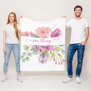 Roze en perzik waterverf bloemstuk gepersonaliseer fleece deken