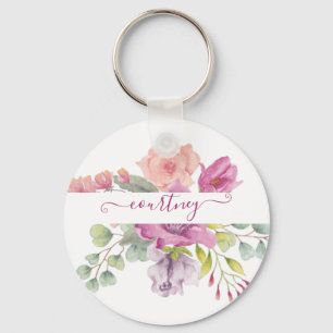 Roze en perzik waterverf bloemstuk gepersonaliseer sleutelhanger