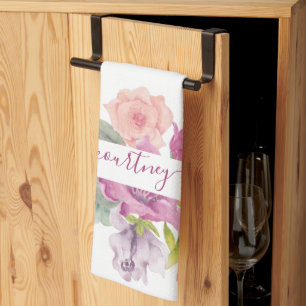 Roze en perzik waterverf bloemstuk gepersonaliseer theedoek