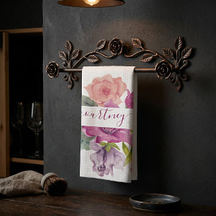 Roze en perzik waterverf bloemstuk gepersonaliseer theedoek