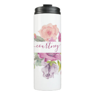 Roze en perzik waterverf bloemstuk gepersonaliseer thermosbeker