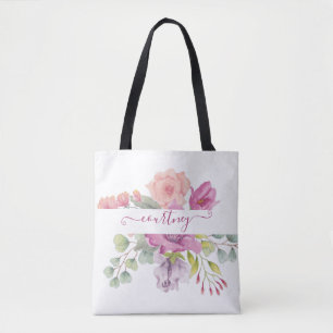 Roze en perzik waterverf bloemstuk gepersonaliseer tote bag