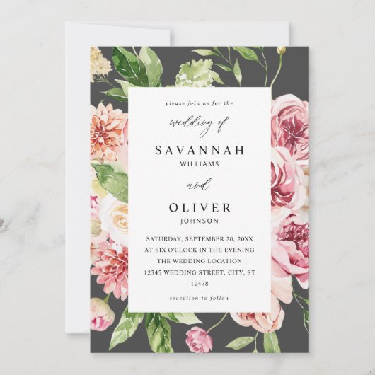 Roze en PerzikFloral & Greenery Wedding - Grijs Kaart (Voorkant)