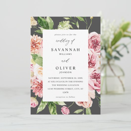 Roze en PerzikFloral & Greenery Wedding - Grijs Kaart (Staand voorkant)