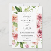 Roze en PerzikFloral & Greenery Wedding Uitnodigin Kaart (Voorkant)