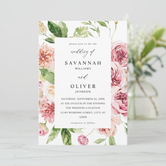 Roze en PerzikFloral & Greenery Wedding Uitnodigin Kaart (Staand voorkant)