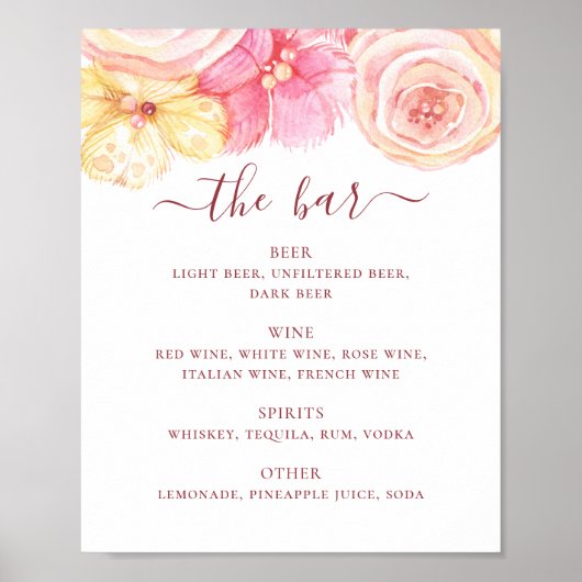 Roze en perzikflorale trouwbar. Alcoholdrinken Poster (Voorkant)