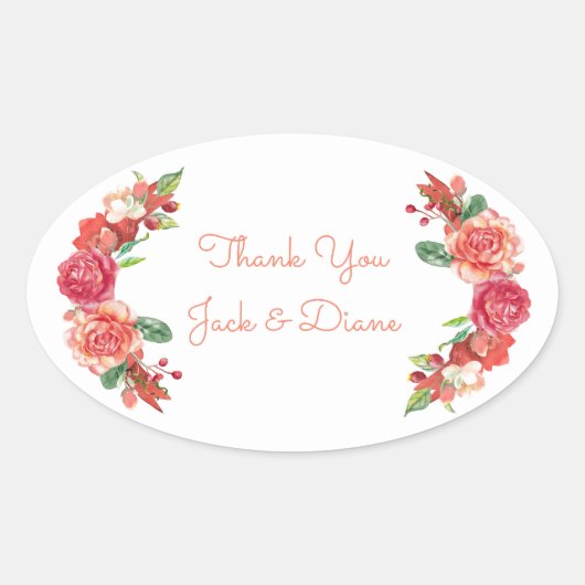 Roze en Perzische Floral Wedding Ovale Sticker (Voorkant)