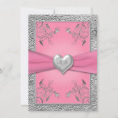 Roze en Pewter Heart Monogrammed Invitation Kaart (Voorkant)