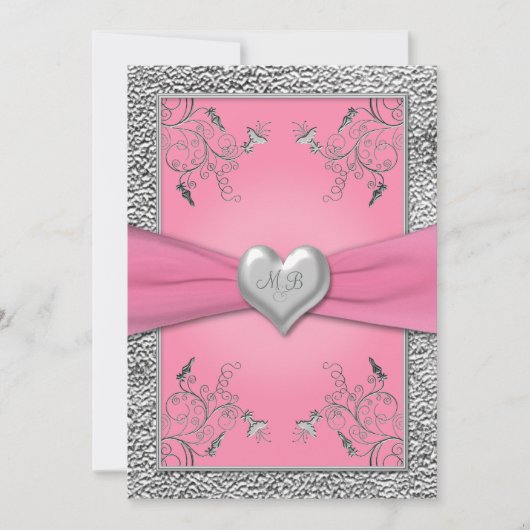 Roze en Pewter Heart Monogrammed Invitation Kaart (Voorkant)