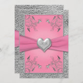 Roze en Pewter Heart Monogrammed Invitation Kaart (Voorkant / Achterkant)