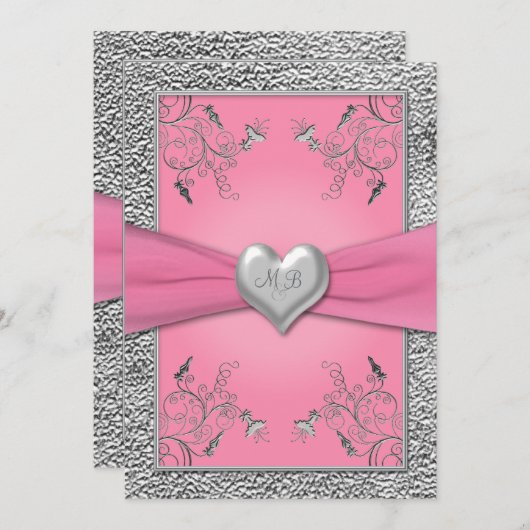 Roze en Pewter Heart Monogrammed Invitation Kaart (Voorkant / Achterkant)