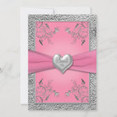 Roze en Pewter Heart Sweet Sixteen Uitnodiging (Voorkant)