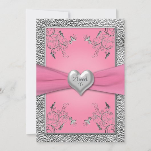 Roze en Pewter Heart Sweet Sixteen Uitnodiging (Voorkant)