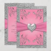 Roze en Pewter Heart Sweet Sixteen Uitnodiging (Voorkant / Achterkant)