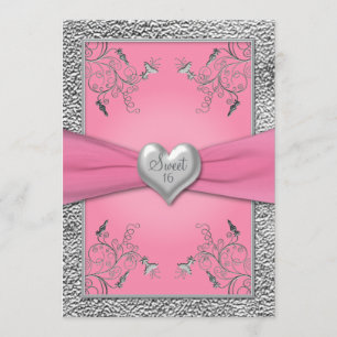 Roze en Pewter Heart Sweet Sixteen Uitnodiging