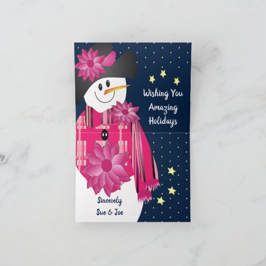 roze en polka dot sneeuwman feestdagen kaart (Binnen)