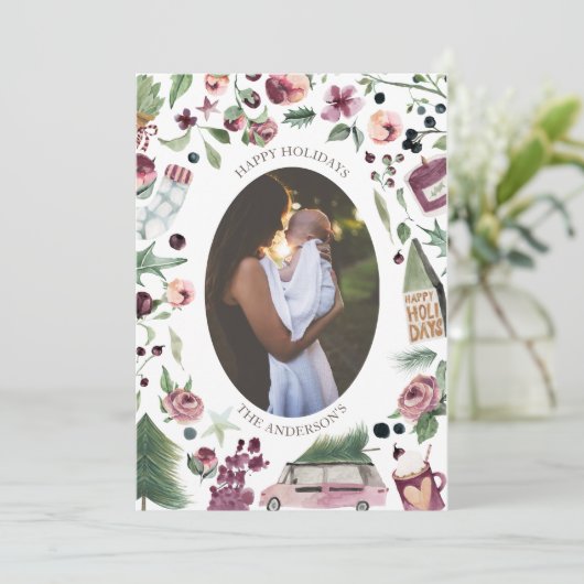 Roze en pruim Moderne vakantie fotokaart Feestdagenkaart (Staand voorkant)