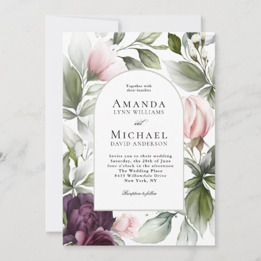 Roze en Pruim Waterverf Botanische Charme Huwelijk Kaart (Voorkant)