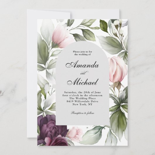 Roze en pruimelbotanische bruiloft kaart (Voorkant)