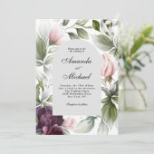 Roze en pruimelbotanische bruiloft kaart (Staand voorkant)