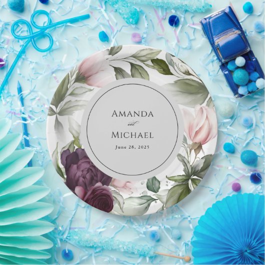 Roze en pruimelbotanische bruiloft papieren bordje (Feest)