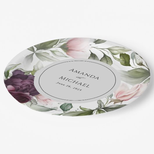 Roze en pruimelbotanische bruiloft papieren bordje (Gekanteld)