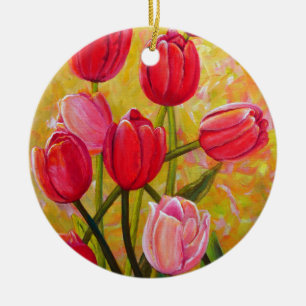 Roze en Red Tulip Bouquet Keramisch Ornament