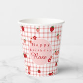 Roze en Rode Aardbei Eerste Verjaardag Cup Papieren Bekers (Voorkant)