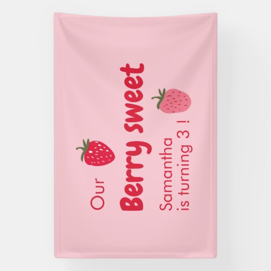 Roze en rode aardbeien verjaardagsfeestje spandoek (Verticaal)